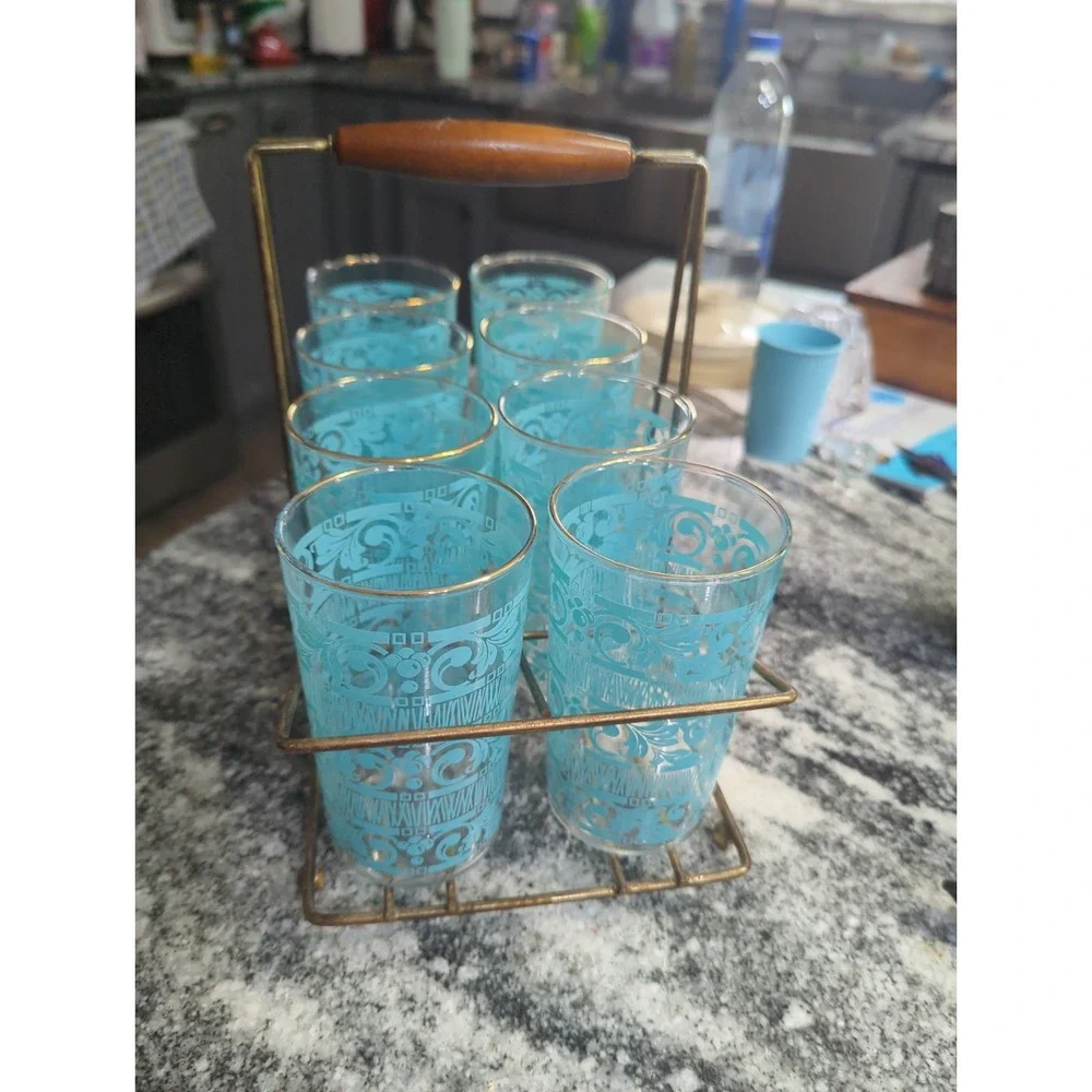 8 Vintage Anchor Hocking Chantilly Turquoise Drinking Glasses With MCM Holder